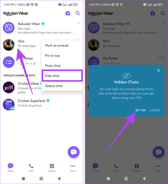 Press-and-hold-the-chat-select-Hide-chat-and-tap-on-Set-PIN-934x1024-1 كيفية إخفاء محادثات Viber وإظهارها على الهاتف المحمول