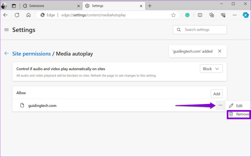 Remove-Exception-for-Autoplay-in-Edge-1024x642-1 كيفية تعطيل التشغيل التلقائي للصوت والفيديو في Microsoft Edge
