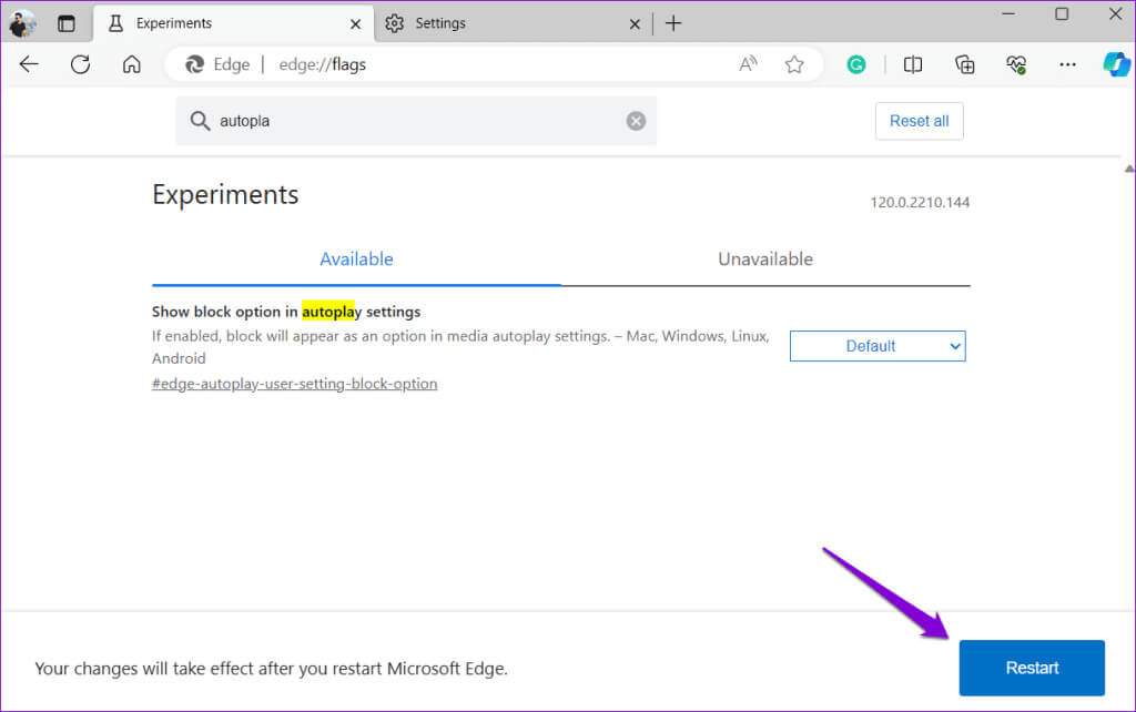 Restart-Edge-Browser-1024x642-1 كيفية تعطيل التشغيل التلقائي للصوت والفيديو في Microsoft Edge