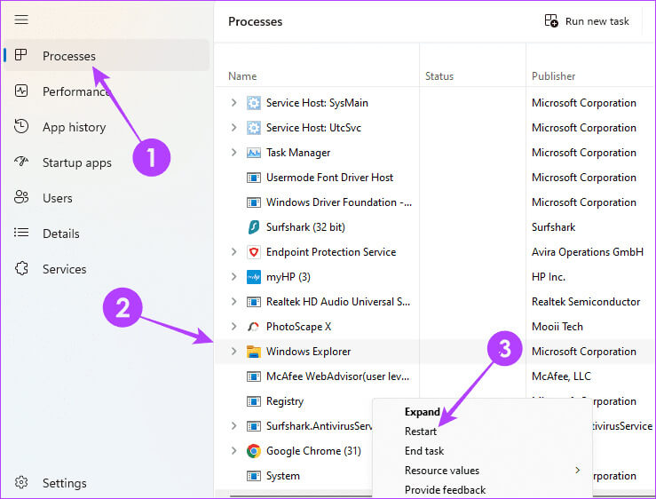 Restart-Windows-Explorer-13 أفضل 8 إصلاحات لشريط تمرير مستوى الصوت في Windows 11 عالق على الشاشة