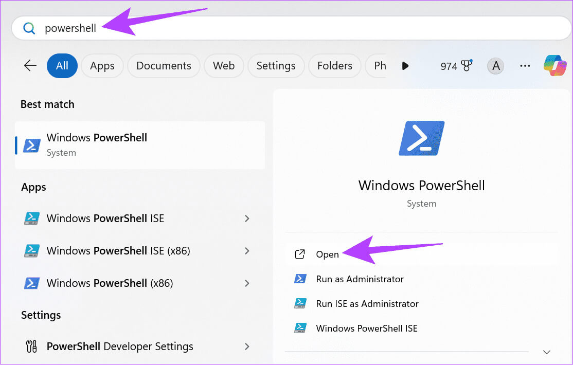 Search-and-open-Windows-Powershell 6 طرق لإصلاح خطأ تلف سلة المحذوفات على Windows 11