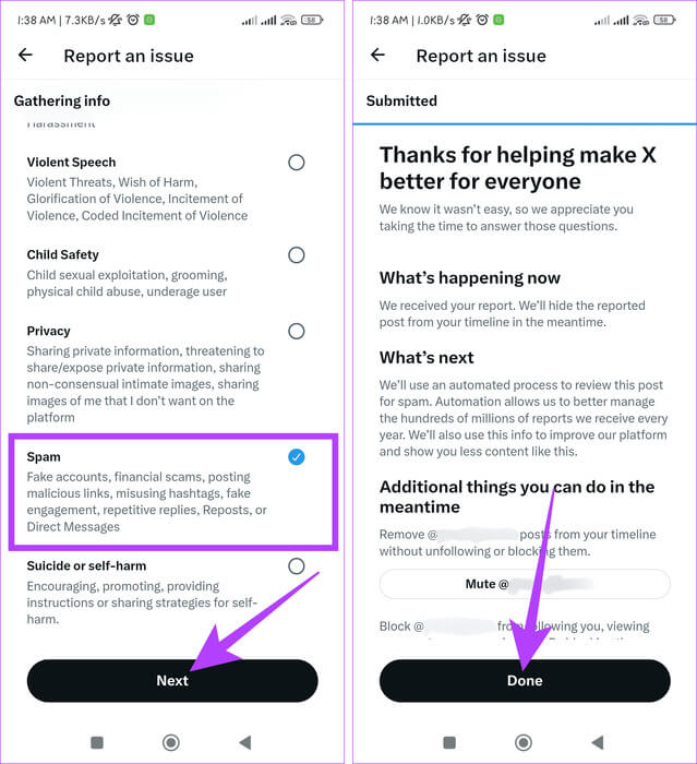 Select-Spam-press-the-Next-button-and-tap-Done كيفية حظر الردود والإشارات غير المرغوب فيها على X