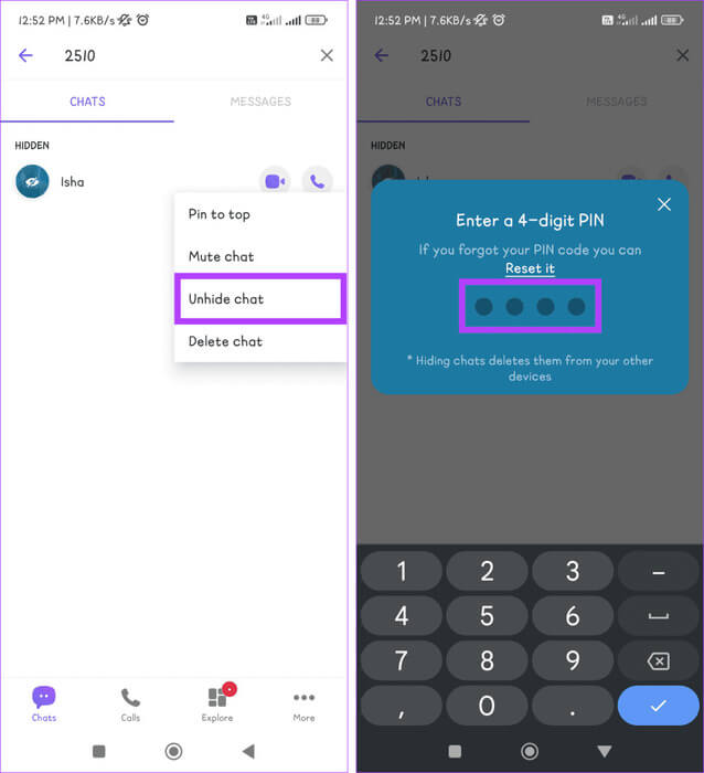 Select-Unhide-chat-from-the-options-and-enter-your-PIN-934x1024-1 كيفية إخفاء محادثات Viber وإظهارها على الهاتف المحمول
