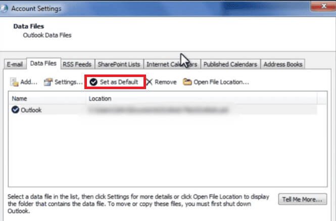 Select-your-new-PST-file-and-click-on-the-Set-as-Default-button كيفية إصلاح ملف PST بدون ScanPST