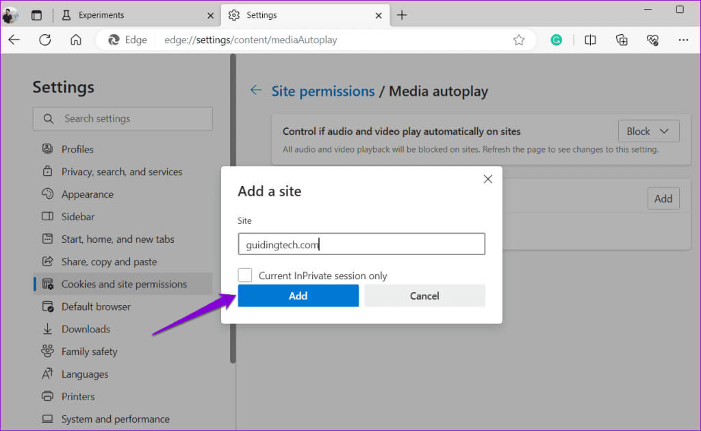 Set-Exceptions-to-Allow-Sites-to-Autoplay-in-Edge-1024x630-1 كيفية تعطيل التشغيل التلقائي للصوت والفيديو في Microsoft Edge