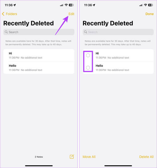 Tap-on-Delete-in-notes 6 طرق للعثور على سلة المهملات وإفراغها على iPhone