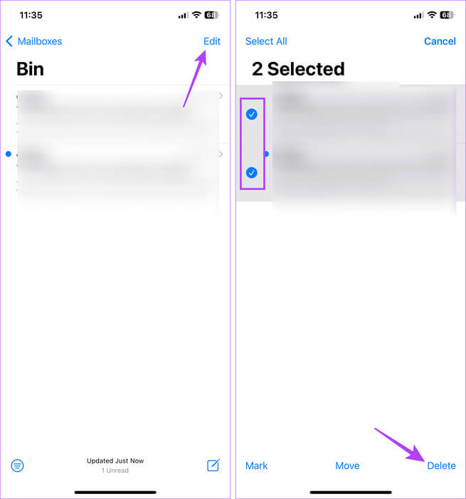 Tap-on-edit-in-mail-app 6 طرق للعثور على سلة المهملات وإفراغها على iPhone