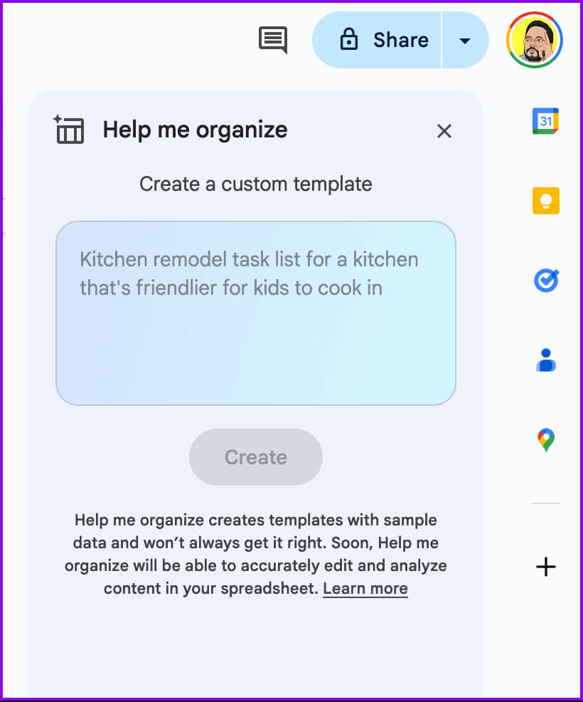 add-prompt-help-me-organize-google-sheets كيفية استخدام Duet AI في Google Sheets وGmail وGoogle Drive