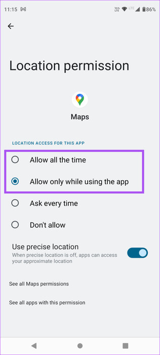 allow-location-google-maps-android-462x1024-1 أفضل 5 إصلاحات لعدم عمل الوضع الداكن في Google Maps