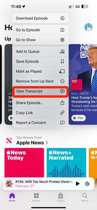 apple-ios-17-4-podcasts-app-home-tab-episode-ellipsis-menu-view-transcript-option-highlighted iOS 17.4: كيفية استخدام جميع ميزات iPhone الجديدة