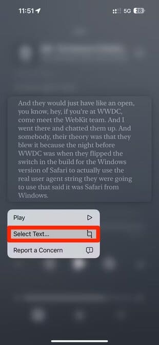 apple-ios-17-4-podcasts-app-now-playing-bar-contextual-menu-select-text-option-highlighted iOS 17.4: كيفية استخدام جميع ميزات iPhone الجديدة