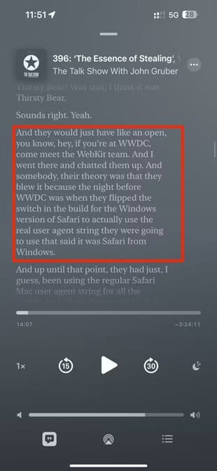 apple-ios-17-4-podcasts-app-now-playing-bar-episode-transcript-paragraph-highlighted iOS 17.4: كيفية استخدام جميع ميزات iPhone الجديدة