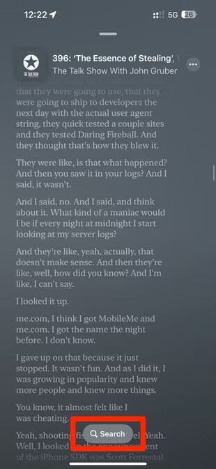 apple-ios-17-4-podcasts-app-now-playing-bar-episode-transcript-search-button-highlighted iOS 17.4: كيفية استخدام جميع ميزات iPhone الجديدة