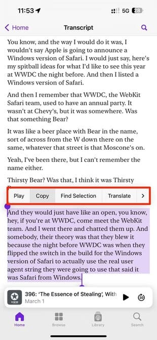 apple-ios-17-4-podcasts-app-now-playing-bar-episode-transcript-text-selection-bubble-menu-copy-option-highlighted-1 iOS 17.4: كيفية استخدام جميع ميزات iPhone الجديدة
