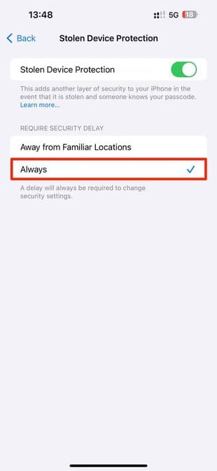 apple-ios-17-4-setting-app-face-id-and-passcode-stolend-device-protection-always-require-security-delay-option-highlighted iOS 17.4: كيفية استخدام جميع ميزات iPhone الجديدة