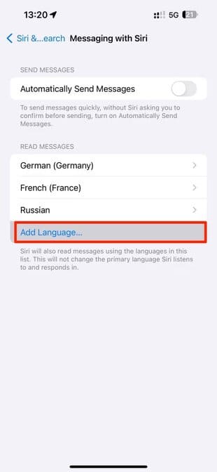 apple-ios-17-4-setting-app-siri-and-search-messaging-with-siri-add-language-option-highlighted-1 iOS 17.4: كيفية استخدام جميع ميزات iPhone الجديدة