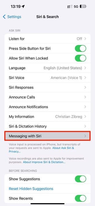 apple-ios-17-4-setting-app-siri-and-search-messaging-with-siri-option-highlighted iOS 17.4: كيفية استخدام جميع ميزات iPhone الجديدة