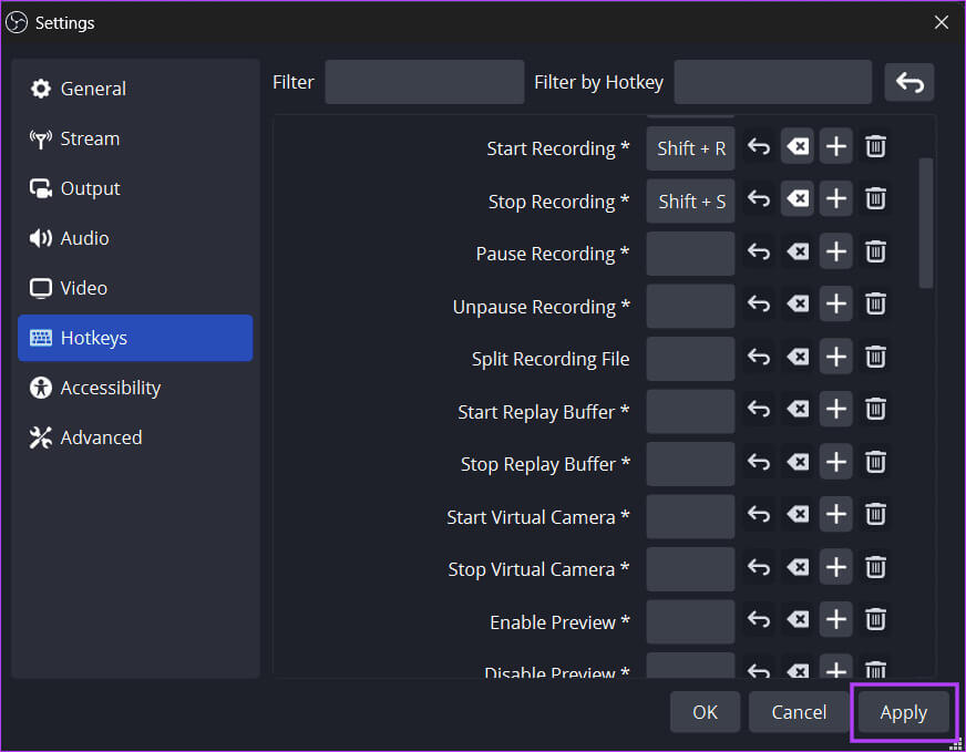 apply-new-hotkey-settings-obs كيفية تسجيل مقاطع فيديو عالية الجودة أثناء اللعب باستخدام OBS Studio