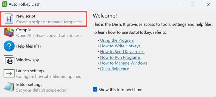 autohotkey-new-script كيفية تشغيل التطبيقات بسرعة على Windows 11 باستخدام اختصارات لوحة المفاتيح