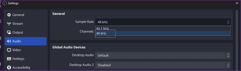 change-Sample-Rate-in-obs-studio-1024x303-1 كيفية تسجيل مقاطع فيديو عالية الجودة أثناء اللعب باستخدام OBS Studio