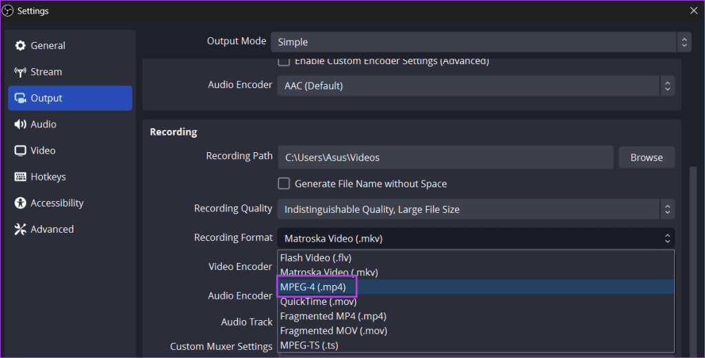 change-recording-format-1024x520-1 كيفية تسجيل مقاطع فيديو عالية الجودة أثناء اللعب باستخدام OBS Studio