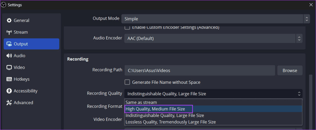 chnage-recording-quality-1024x422-1 كيفية تسجيل مقاطع فيديو عالية الجودة أثناء اللعب باستخدام OBS Studio