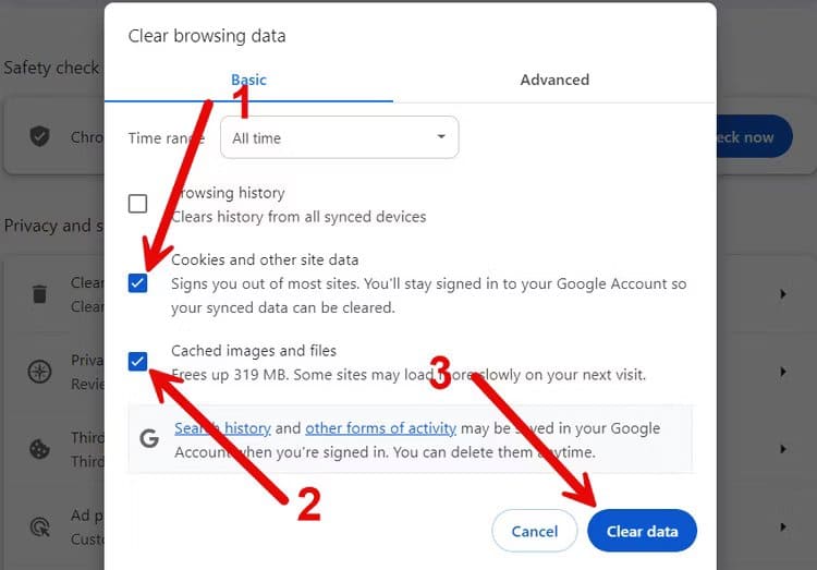 clear-cookies-cache-chrome كيفية إصلاح مشكلة "الذاكرة غير كافية" في Google Chrome