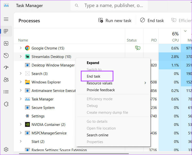 close-streamlabs-using-taskmanager أفضل 7 إصلاحات لـ "Streamlabs Not Capture Game" في Windows 11