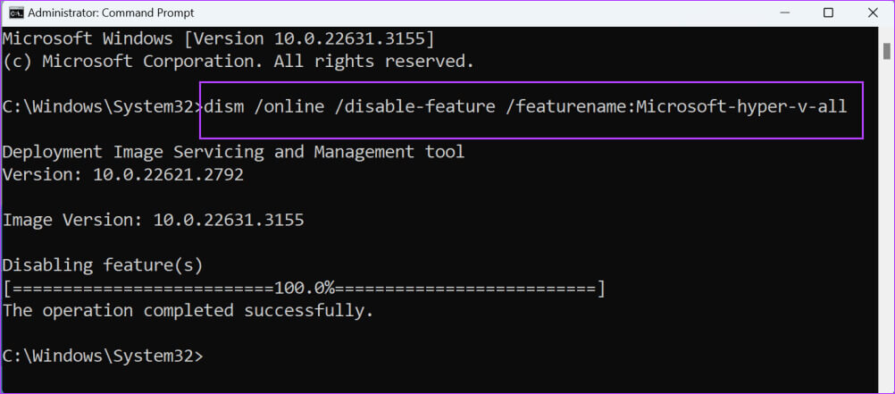 disable-hyper-v-using-dism-2 5 طرق سهلة لتعطيل Hyper-V في Windows 10 و11