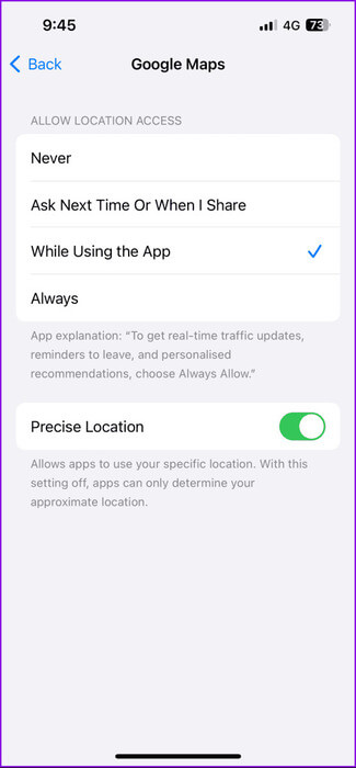 enable-precise-location-for-google-maps-iphone-475x1024-1 أفضل 5 إصلاحات لعدم عمل الوضع الداكن في Google Maps