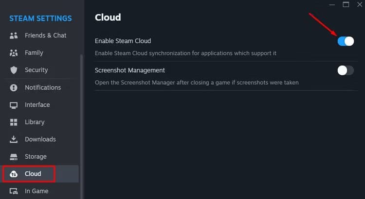 enable-steam-cloud-toggle-in-the-steam-settings-window كيفية إصلاح خطأ Steam Cloud Sync للحفاظ على ألعابك المحفوظة آمنة