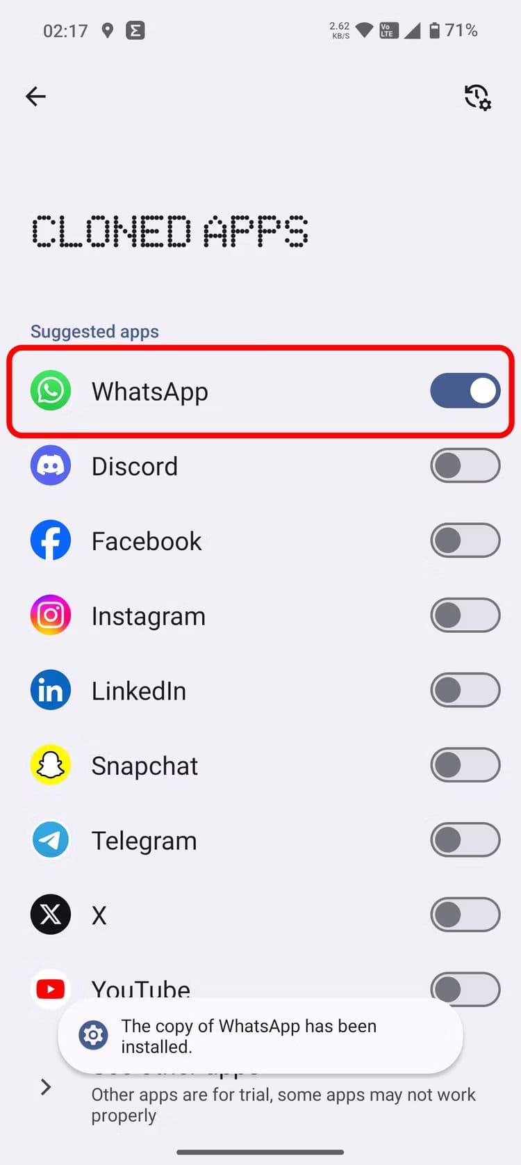 enable-whatsapp-toggle-to-clone-it-1 كيفية استخدام حسابين على WhatsApp على Android