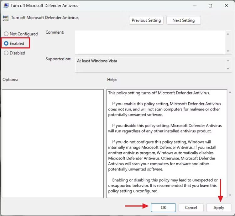 enabled-option-in-the-local-group-policy-editor كيفية تعطيل برنامج Microsoft Defender بشكل دائم على Windows 11