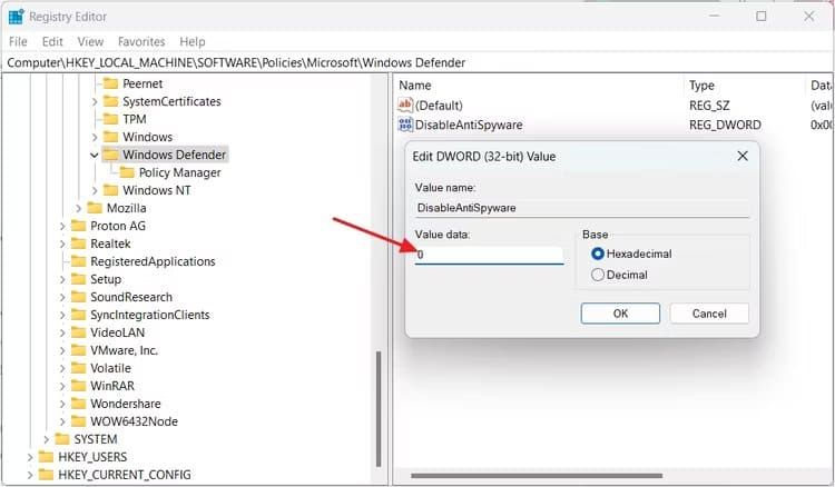 enabling-windows-defender-through-registry-editor كيفية تعطيل برنامج Microsoft Defender بشكل دائم على Windows 11