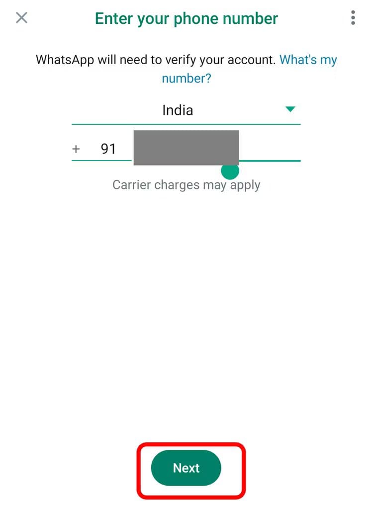 enter-number-next-1 كيفية استخدام حسابين على WhatsApp على Android