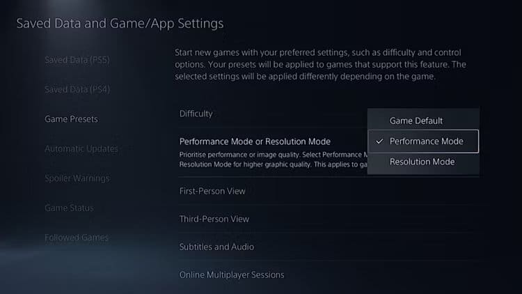 game-presets-ps5-performance-mode كيفية تحسين الأداء على جهاز PS5