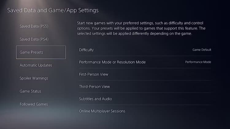 game-presets-ps5 كيفية تحسين الأداء على جهاز PS5