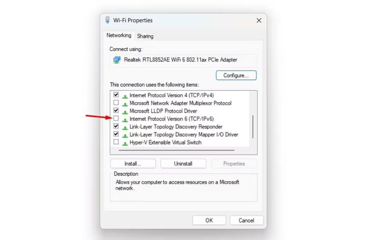 ipv6-checkbox-in-the-wi-fi-properties-window كيفية إصلاح خطأ Steam Cloud Sync للحفاظ على ألعابك المحفوظة آمنة