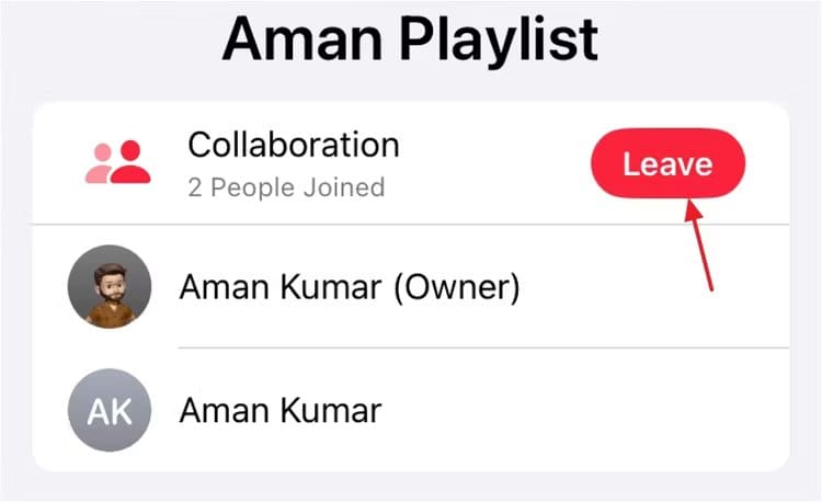 leave-option-to-leave-a-playlist كيفية استخدام قوائم التشغيل التعاونية على Apple Music