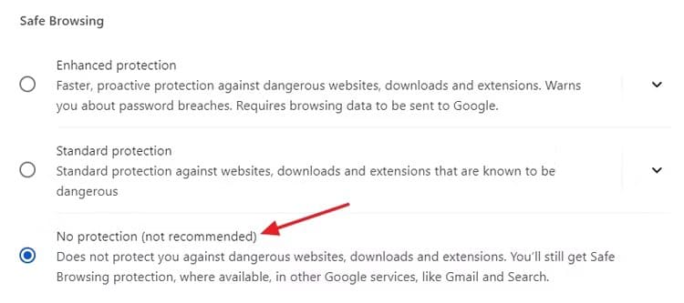 no-protection-option-in-chrome-settings-menu كيفية تجاوز رسالة "فشل - تم اكتشاف فيروس" في Chrome عند تنزيل الملفات