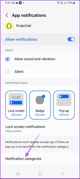 notification-categories-snapchat-app-info-samsung-461x1024-1 كيفية تغيير صوت الإشعارات في Snapchat