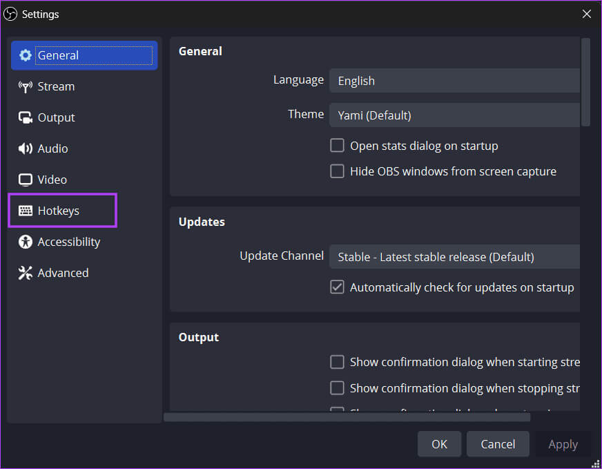 open-hotkey-settings-obs كيفية تسجيل مقاطع فيديو عالية الجودة أثناء اللعب باستخدام OBS Studio