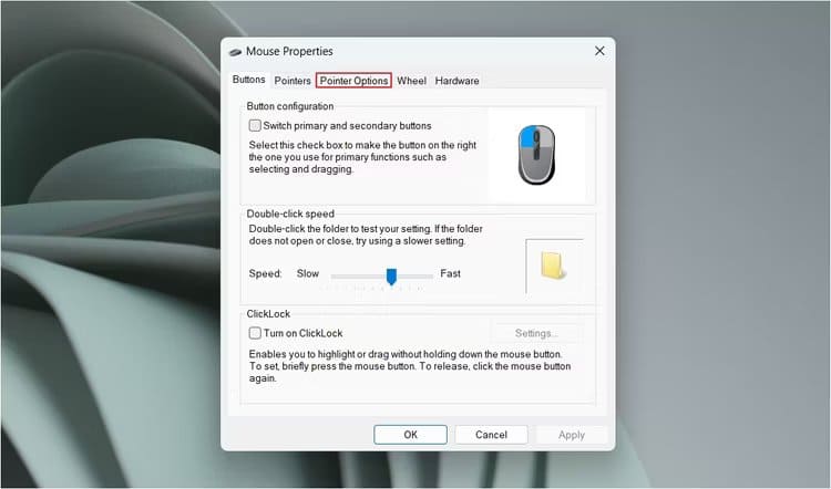 pointer-options-tab-in-the-mouse-properties-window هل يتحرك مؤشر الماوس من تلقاء نفسه؟ وإليك كيفية اصلاحها