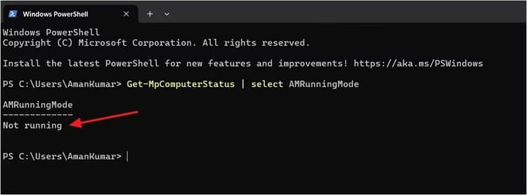 powershell-window-showing-not-running-in-result كيفية تعطيل برنامج Microsoft Defender بشكل دائم على Windows 11