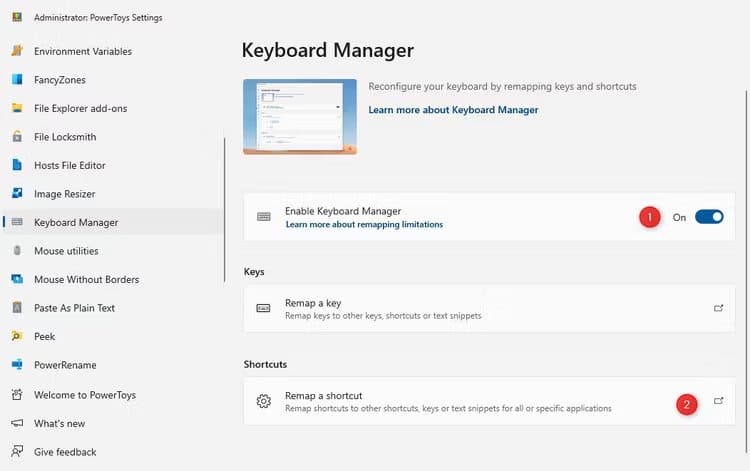 powertoys-keyboard-manager كيفية تشغيل التطبيقات بسرعة على Windows 11 باستخدام اختصارات لوحة المفاتيح