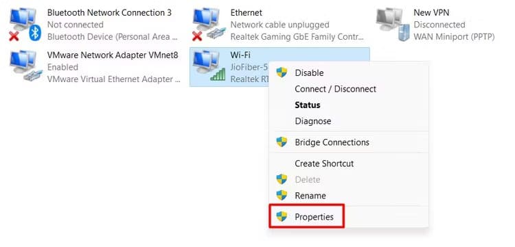 properties-option-in-connection-context-menu كيفية إصلاح خطأ Steam Cloud Sync للحفاظ على ألعابك المحفوظة آمنة