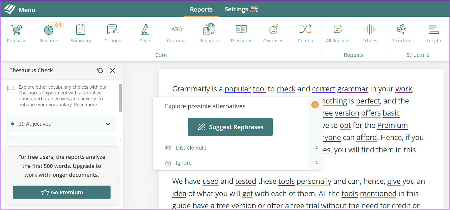 prowritingaid-suggestions-on-Thesaurus 5 أفضل بدائل Grammarly للكمبيوتر الشخصي والهواتف المحمولة