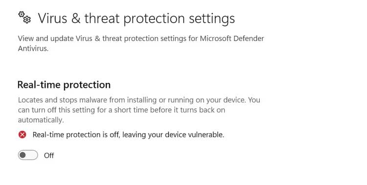 real-time-protection-toggle-disabled-in-the-windows-security-app كيفية تعطيل برنامج Microsoft Defender بشكل دائم على Windows 11