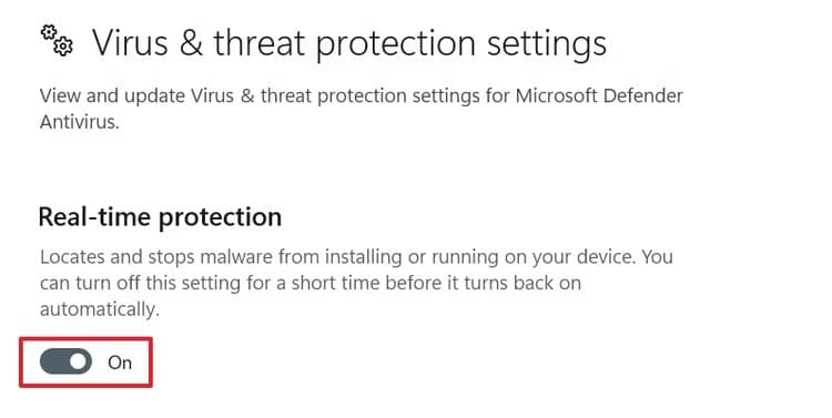 real-time-protection-toggle-in-the-windows-security-app كيفية تجاوز رسالة "فشل - تم اكتشاف فيروس" في Chrome عند تنزيل الملفات