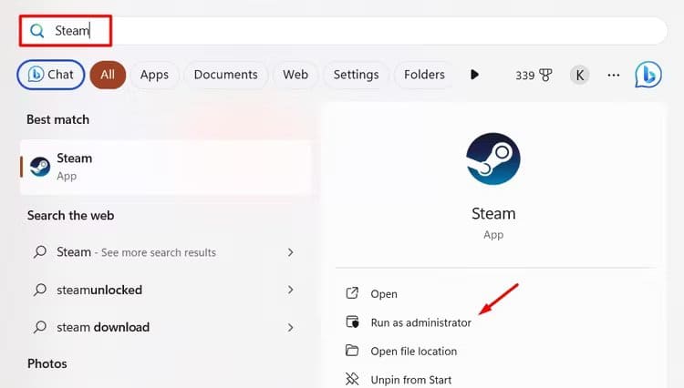 run-as-administrator-option-for-steam-in-the-start-menu كيفية إصلاح خطأ Steam Cloud Sync للحفاظ على ألعابك المحفوظة آمنة
